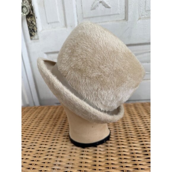 Vintage 60\'s Tan Fuzzy Wool Womens Tilted Fedora Hat Leci Size 22\